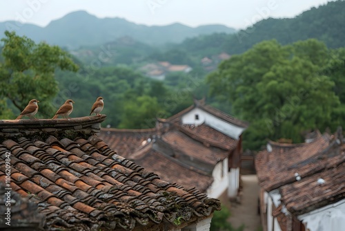 Old Chinese architecture featuring white walls and grey tiled roofs, showcasing traditional design with intricate details, curved eaves, and a serene, historic atmosphere