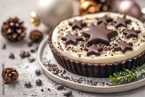 Chocolate dessert tart decorated with stars and pine cones for a festive cele...