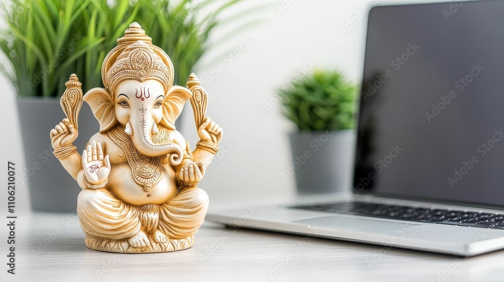 Hindu gods concept. A serene workspace featuring a Ganesh statue beside a laptop and greenery, symbolizing inspiration and creativity. Hindu gods concept. A serene workspace featuring a Ganesh statue beside a laptop and greenery, symbolizing inspiration and creativity.