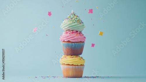 Vibrant stacked cupcakes with colorful sprinkles against a blue background