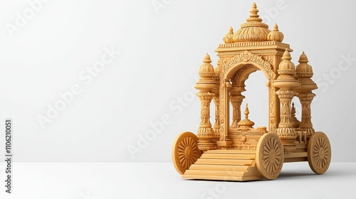 Hindu gods concept. An intricately carved wooden structure resembling a traditional temple or chariot, showcasing detailed craftsmanship and design.