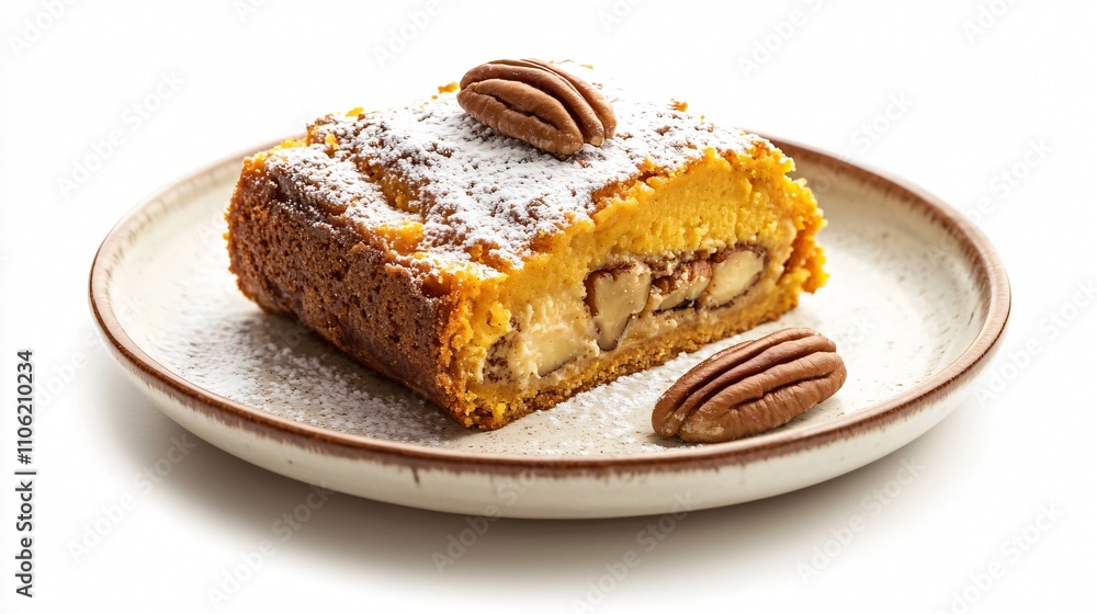 Close up of a pumpkin roll slice on a small ceramic plate, garnished with powdered sugar and a pecan half, isolated on a white background Close up of a pumpkin roll slice on a small ceramic plate, garnished with powdered sugar and a pecan half, isolated on a white background