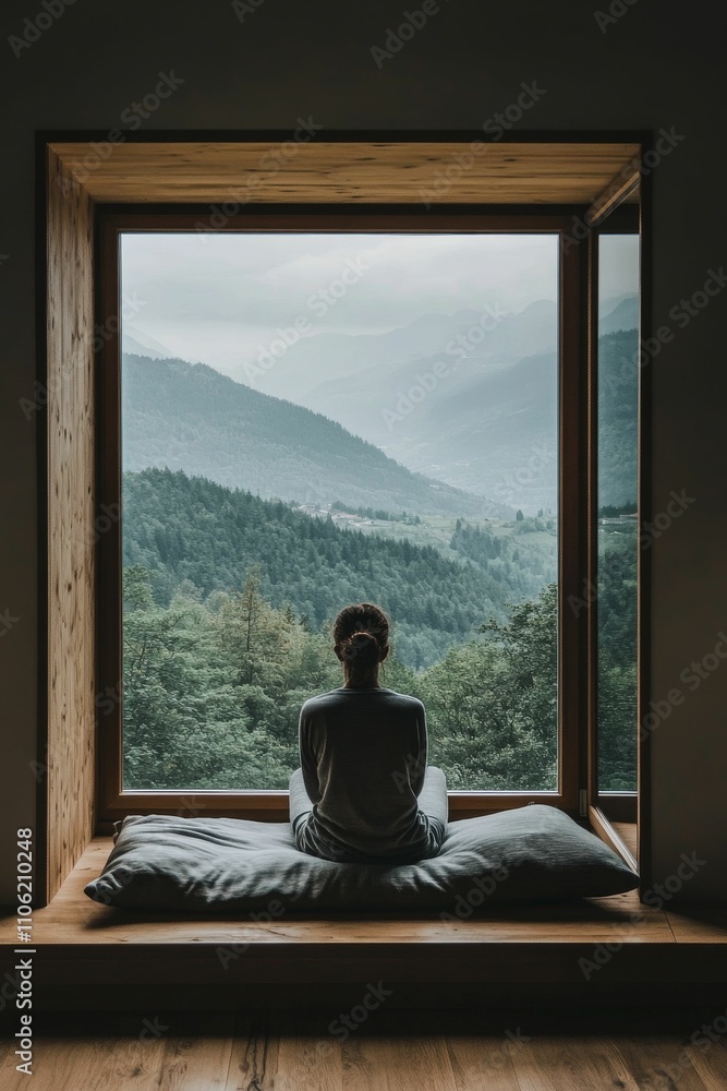 Fototapeta premium Person sits, gazing at mountain vista through window.