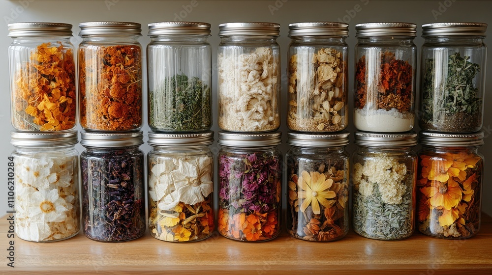 Colorful jars filled with various dried flowers and herbs on a shelf Colorful jars filled with various dried flowers and herbs on a shelf