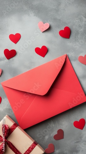 Valentines day envelope with scattered hearts and gift box on gray background