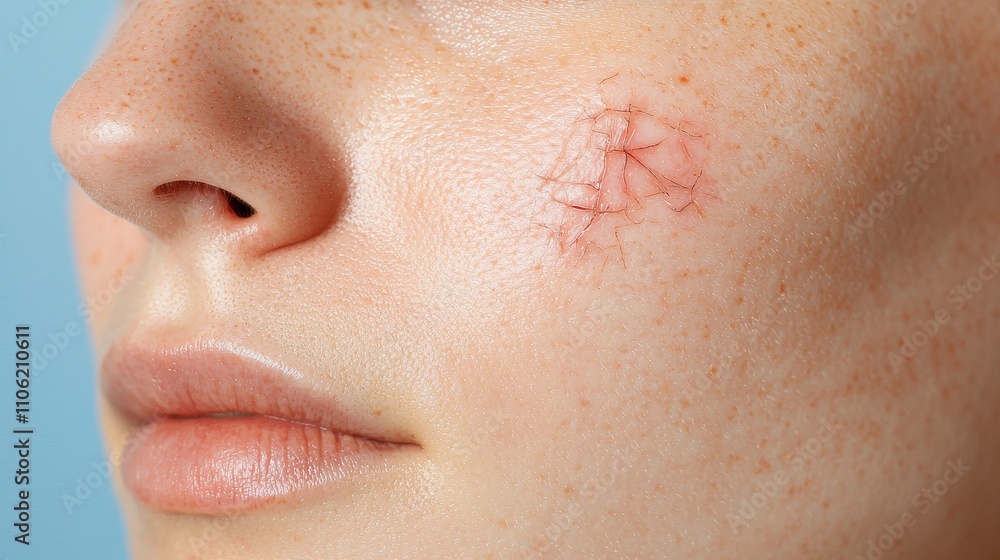 Response health warning concept. Close-up of a woman's face showing visible skin redness and a vascular mark on her cheek. Response health warning concept. Close-up of a woman's face showing visible skin redness and a vascular mark on her cheek.
