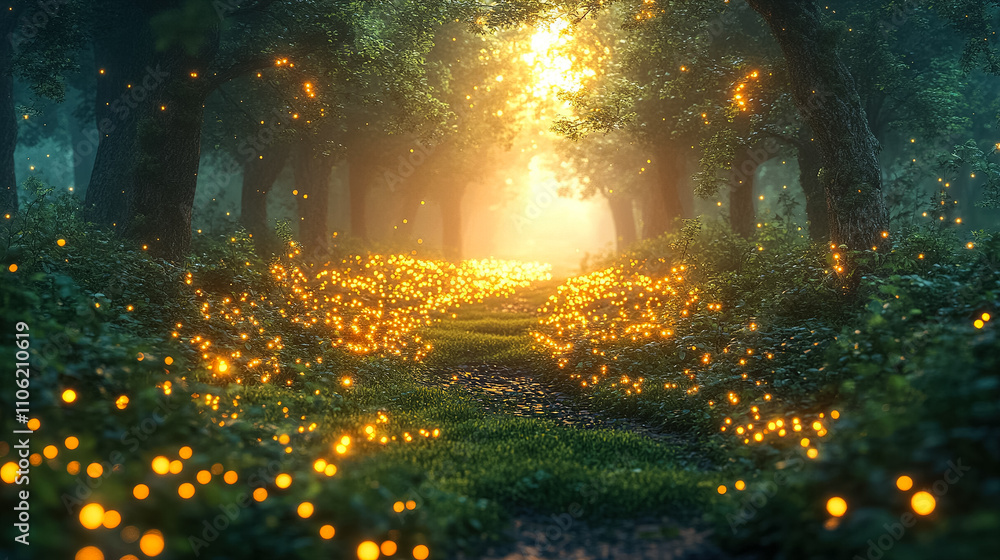Fototapeta premium Warm light filters through a magical forest path illuminated by glowing fireflies in the evening. Generative AI