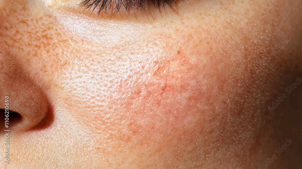 Response health warning concept. Close-up of a person's cheek showing skin texture with blemishes and imperfections. Response health warning concept. Close-up of a person's cheek showing skin texture with blemishes and imperfections.