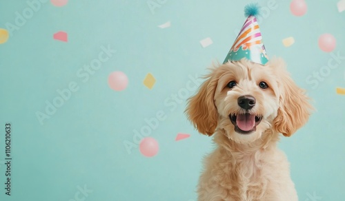 Cute dog wears party hat surrounded by colorful balloons and confetti for bir...