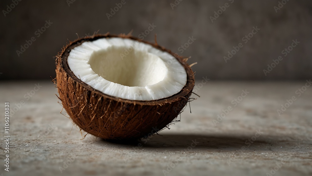 Half coconut close-up on a table. Half coconut close-up on a table.