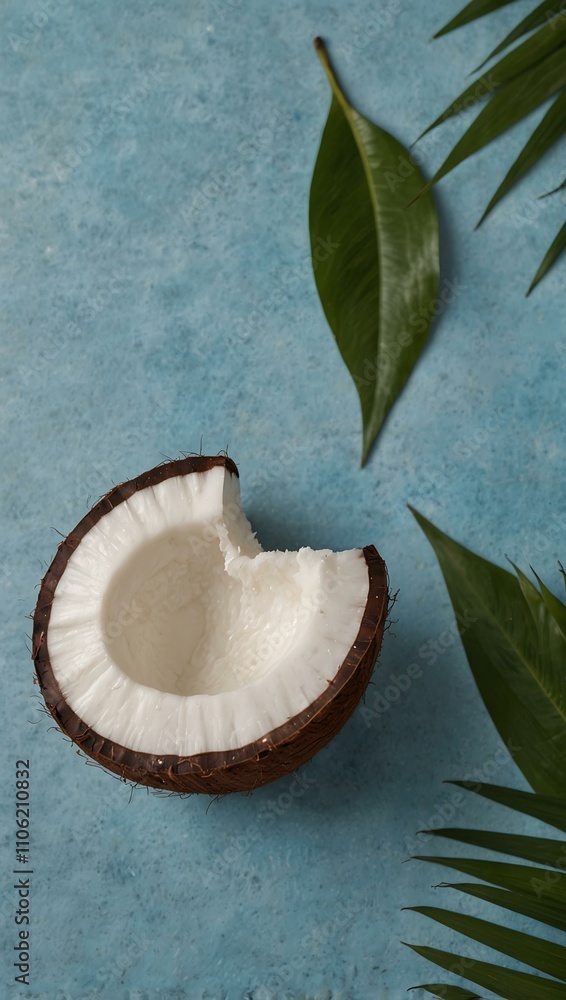 Half coconut on a blue pastel background. Half coconut on a blue pastel background.