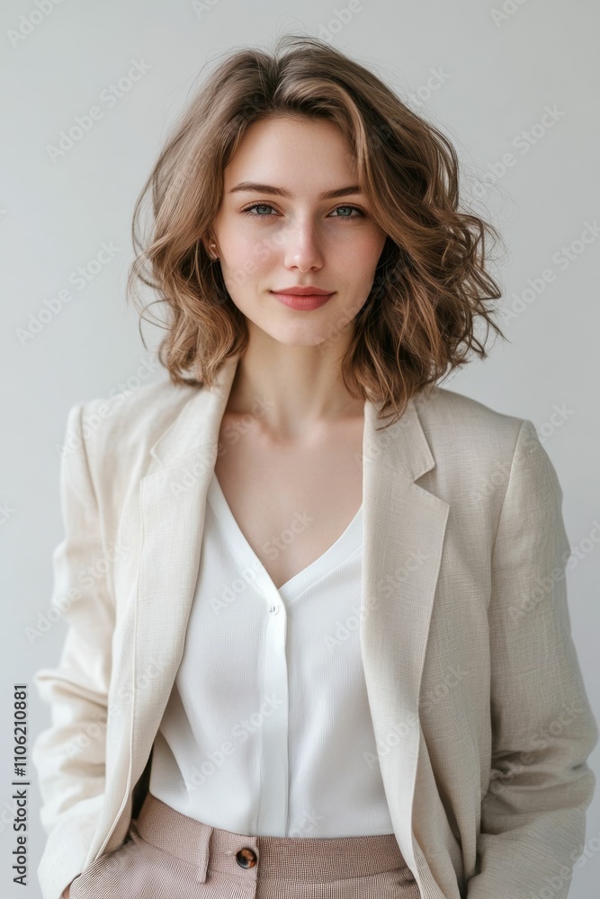 Woman, light jacket, wavy hair, neutral tones, confident pose. Woman, light jacket, wavy hair, neutral tones, confident pose.