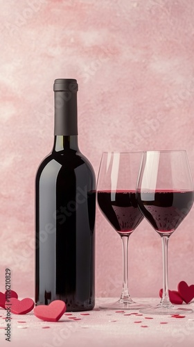 Romantic evening with red wine and heart decorations in a cozy setting