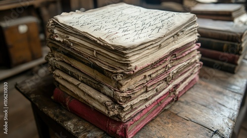 Stack of old, handwritten documents on a rustic wooden table