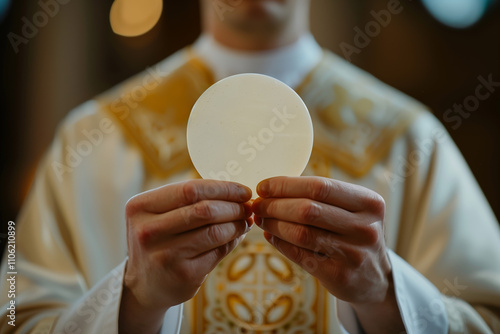 A priest holds up a circular wafer.