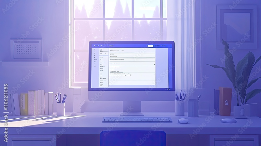 Serene workspace with computer and natural light from window Serene workspace with computer and natural light from window