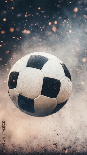 Dynamic soccer ball amidst vibrant sparks in dramatic background during inten...