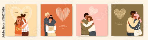 Valentine's Day Greeting Cards with romantic couples in love. Vector.