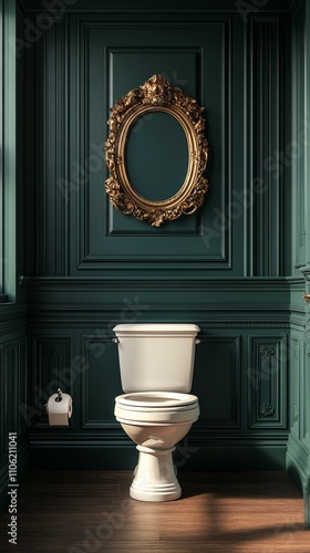 Elegant restroom with ornate mirror and rich green wall paneling in a cozy se...