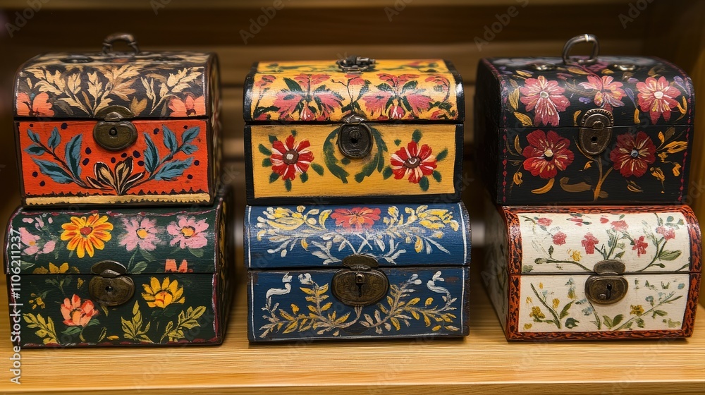 Fototapeta premium Decorative wooden boxes with intricate floral designs in various colors