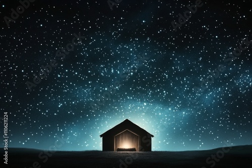 Stars illuminate a quiet hut under a vast night sky in a tranquil landscape