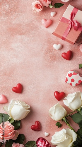 Charming arrangement of roses and hearts for a romantic occasion on a soft ba...