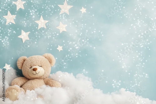 Cute bear sitting on soft clouds with starry background during calm night