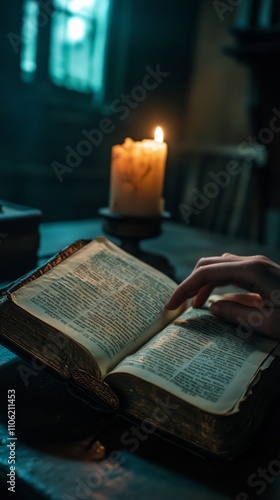 Quiet evening of reading by candlelight in a cozy room with an old book