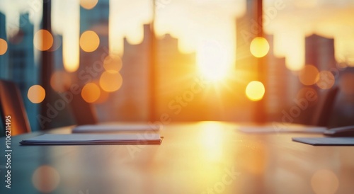 Sunrise illuminates a modern conference room with views of the city skyline