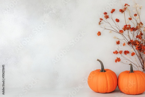 Decorative autumn pumpkins and dried flowers create warm atmosphere in a cozy...