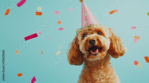 Happy dog celebrates birthday with colorful confetti and festive party hat in...