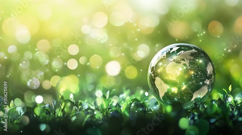 Creative representation of a planet surrounded by lush greenery under soft su...