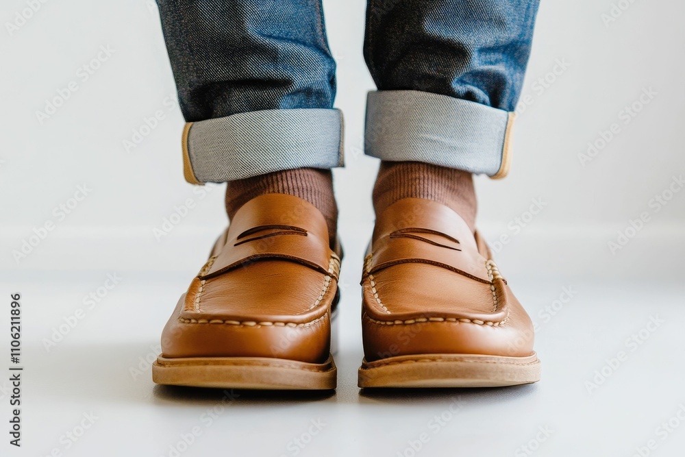 Brown leather loafers, cuffed jeans, socks. Brown leather loafers, cuffed jeans, socks.
