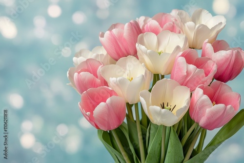 Colorful tulips arranged in a bouquet with pink and white petals against a so...