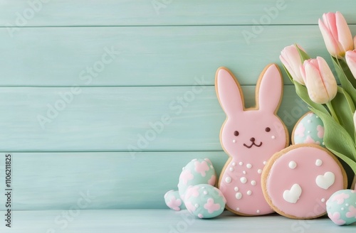 Colorful Easter cookies arranged with pink tulips on a light blue background photo