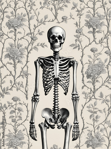 A romanticized skeleton wallpaper with elegant bone illustrations set against a richly textured photo