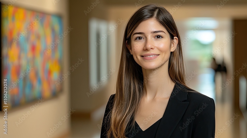 Young woman smiling confidently in a modern indoor setting Young woman smiling confidently in a modern indoor setting