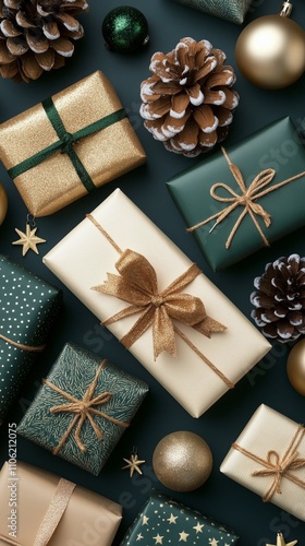 Gift wrapping arrangement with festive decorations for winter celebrations