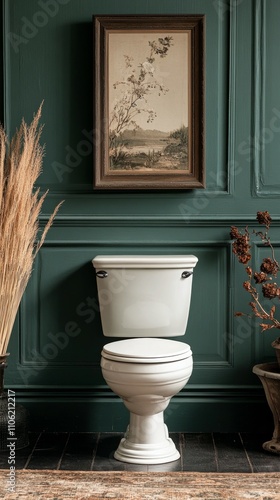 Elegant restroom with ornate mirror and rich green wall paneling in a cozy se...