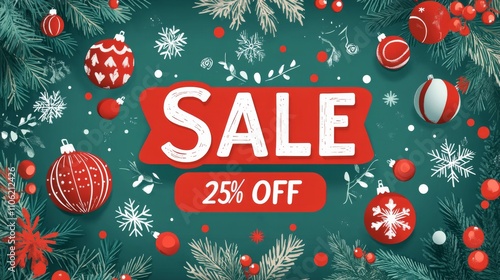Holiday Sale Banner Featuring 25% Off Promotion with Christmas Ornaments and Festive Elements on a Green Background