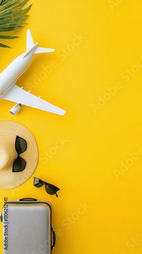 Travel essentials arranged with suitcase and airplane model on vibrant yellow...