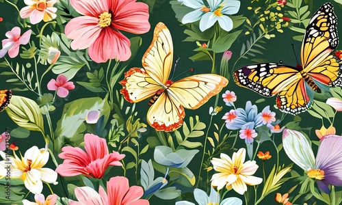 Brightly colored butterflies perched on delicate blossoms, evoking a sense of tranquility and beauty. Perfect for greeting cards, nature-themed decor, digital designs, print, wallpapers.