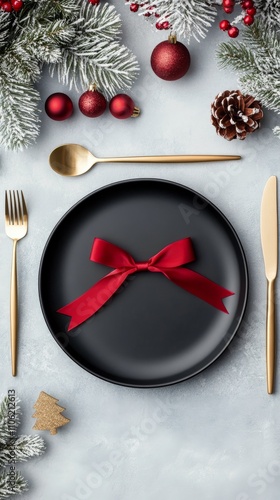 Holiday table setting with festive decorations and elegant dinnerware arrange...