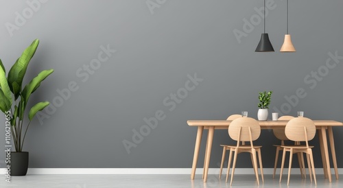 Modern dining area with minimalist decor and natural elements in stylish home...