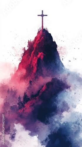 Mountain peak with a cross surrounded by mist creates a serene atmosphere