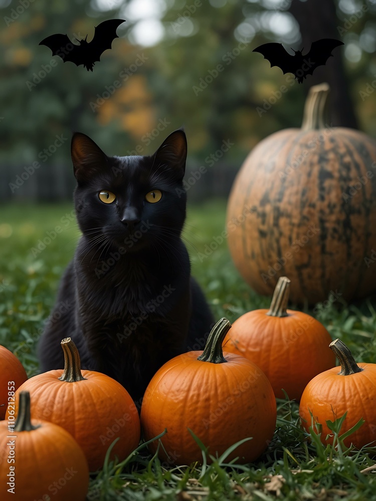 Halloween scene with a black cat, pumpkins, and bats. Halloween scene with a black cat, pumpkins, and bats.