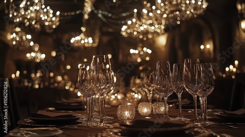 Elegant dinner setting with warm lights and sparkling glassware at a cozy res...