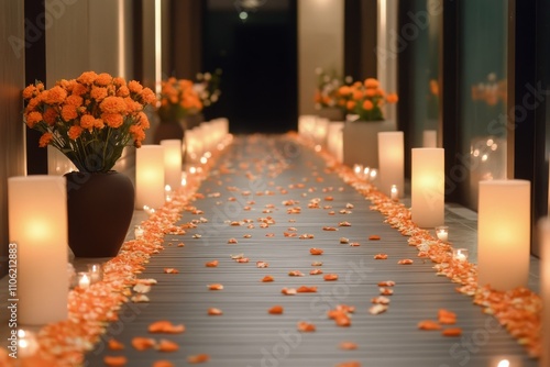 Elegant wedding decor featuring flowers and candles along a romantic aisle wi...