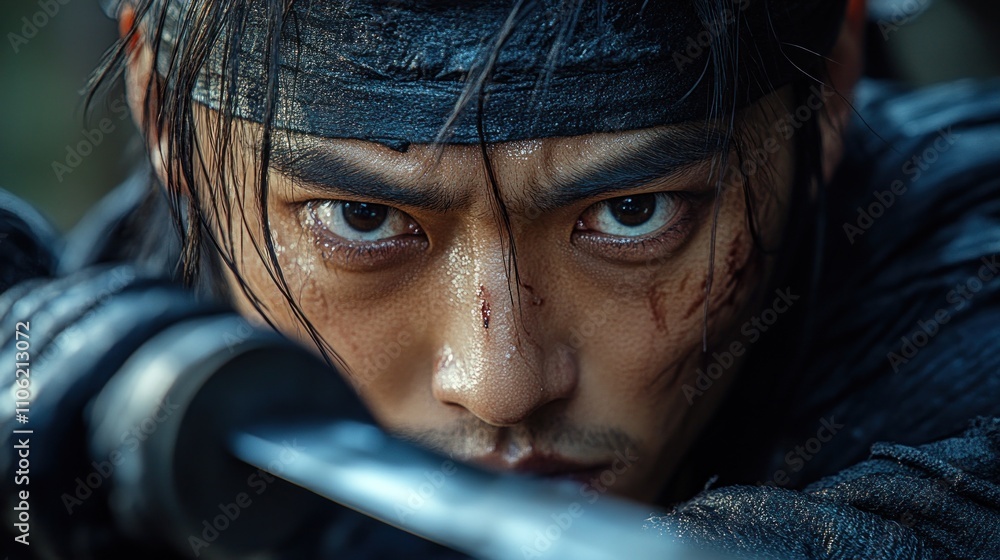 Close-up of a warrior's intense gaze, his face streaked with sweat and blood, gripping a sword. Close-up of a warrior's intense gaze, his face streaked with sweat and blood, gripping a sword.
