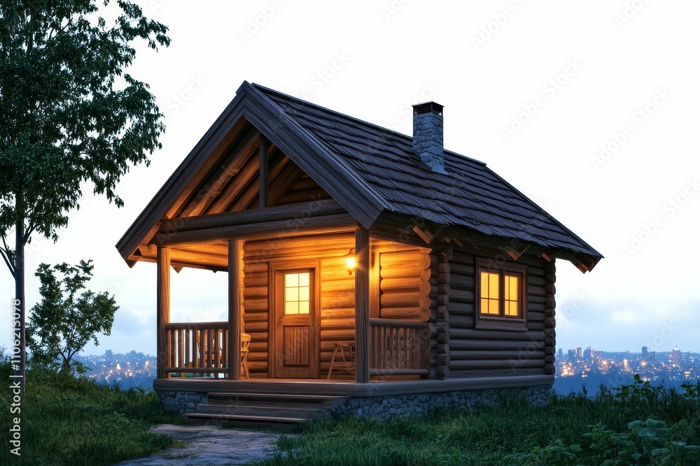 Illuminated log cabin, porch, distant city lights. Illuminated log cabin, porch, distant city lights.